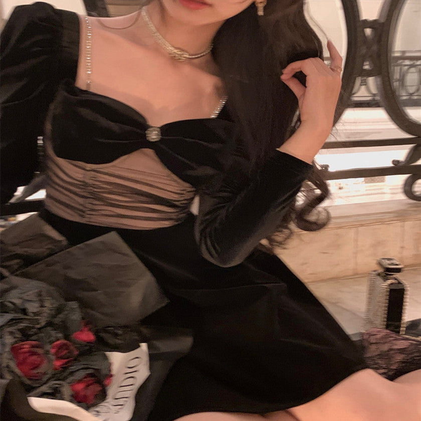 Women's Square-Neck Velvet Long Sleeve Mini Dress – High Waist Swing Skirt