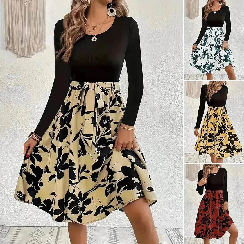 Floral Print Long Sleeve Skirt - Round Neck Flared Dress