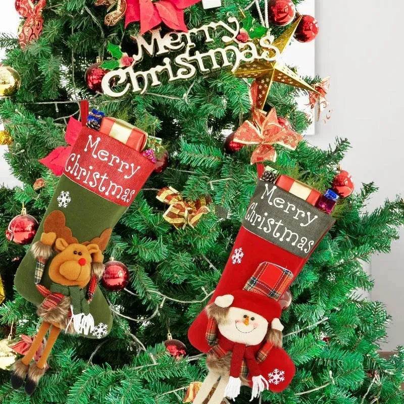 2024 New Year Xmas Big Stockings Set Decorations Christmas 3D Plush Big Sock Christmas Tree Pendant Decorating Supplies