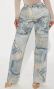 Denim Printed Jeans – Women’s High Rise Flare Leg Jeans