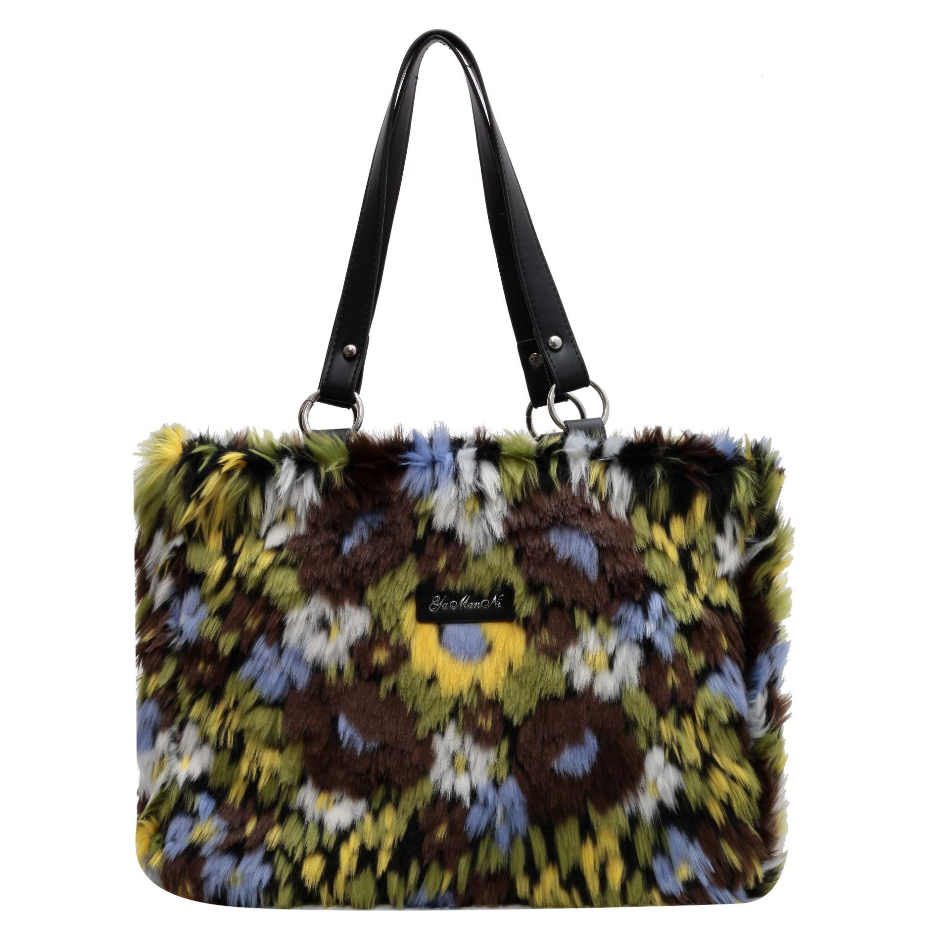 Women's Winter Plush Floral Shoulder Bag – Large Tote Handbag (White & Decor)