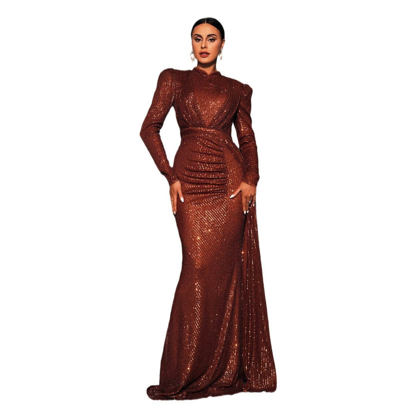 Long Sleeve Round Neck Slim Long Sequined Banquet Dress