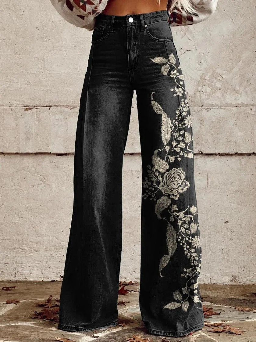 Women's Graphic Print Wide Leg Distressed Denim Pants – Plus Size Straight Leg Casual Jeans