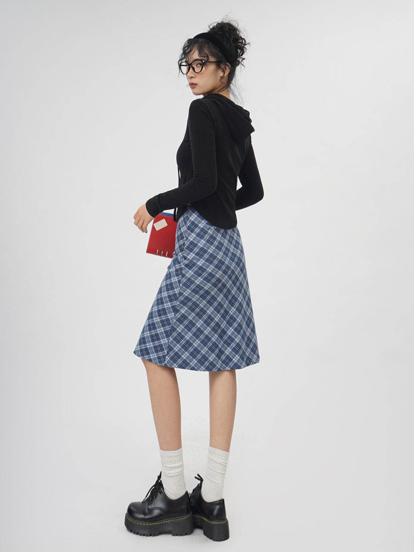 Plaid A- Line Skirt Women's High Waist student Midi Skirt