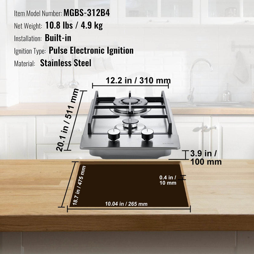 Gas Cooktop 12 Inch, Max 12250BTU 2 Burners Built-in Stainless Steel Gas Stove Top, LPG NG Convertible Dual Fuel Natural Gas Hob With Thermocouple Protection