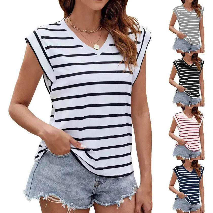 Fashion Stripe Print V-neck Short-sleeved T-Shirt Summer Loose Casual top for Women