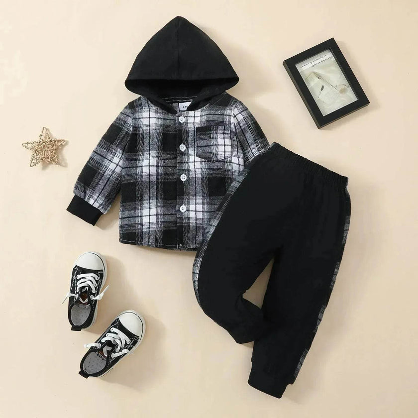 Toddler Baby Boy Classic Plaid Hooded Long Sleeve Shirt Contrast Color Trousers Suit Two piece for boys