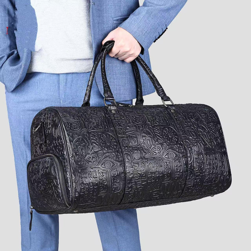 Luxury Retro Embossed Leather Duffle Bag with Shoe Compartment