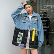 Denim Loose Jacket Women Stylish Graffiti Patch Design
