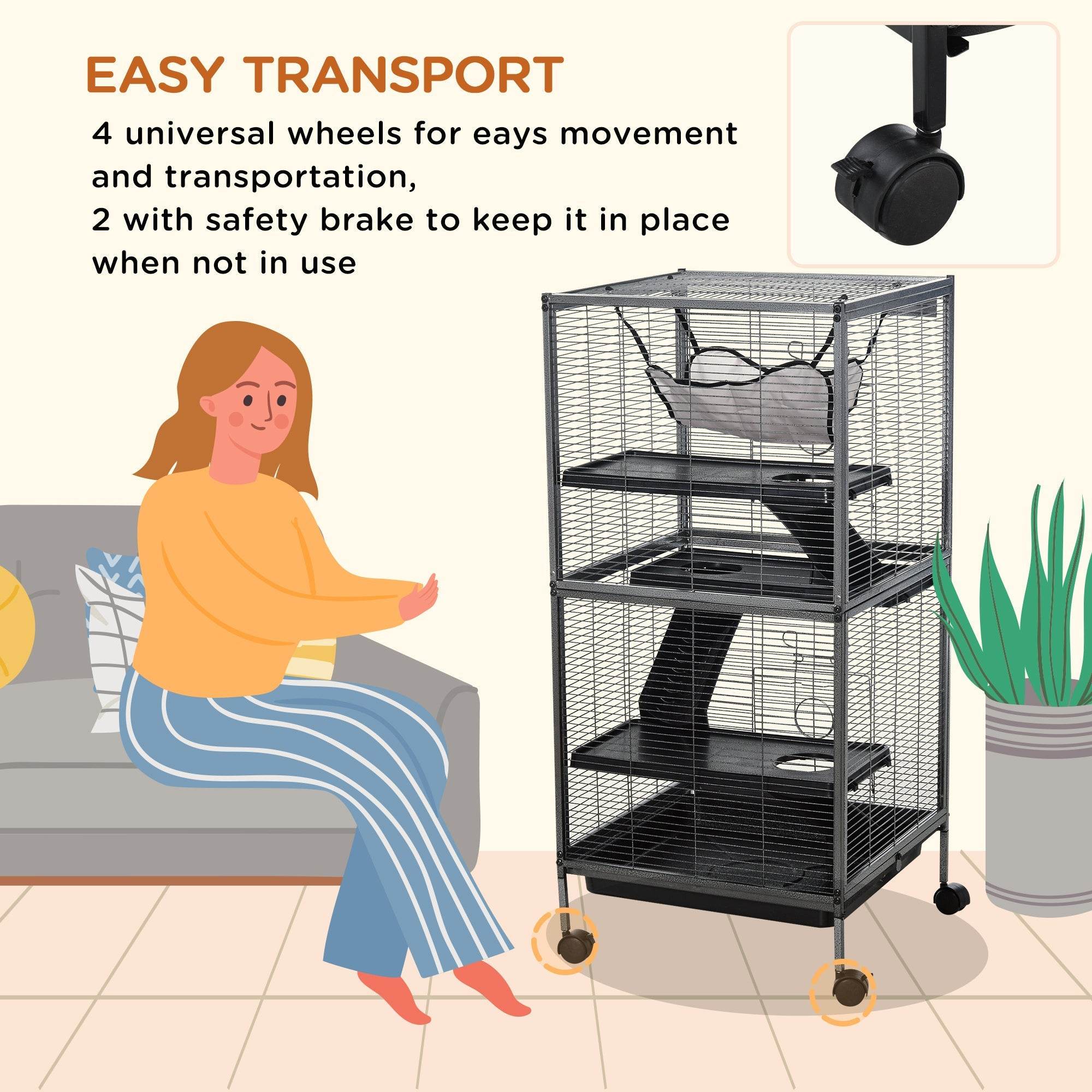 Large Metal 4 Tiers Small Animal Cage With Hammock, Removable Tray, Extra Space For Ferrets Chinchillas, Gray