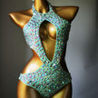 Women's Mesh Diamond One-Piece Swimsuit – Rhinestone Sheer Overlay Swimwear