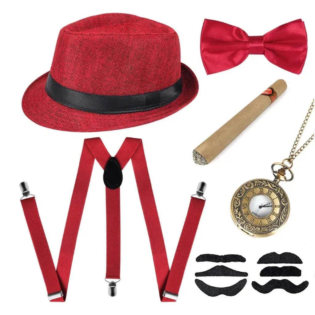 Party Men's Top Hat Pipe Pocket Watch Strap Tie Fake Cigar Set