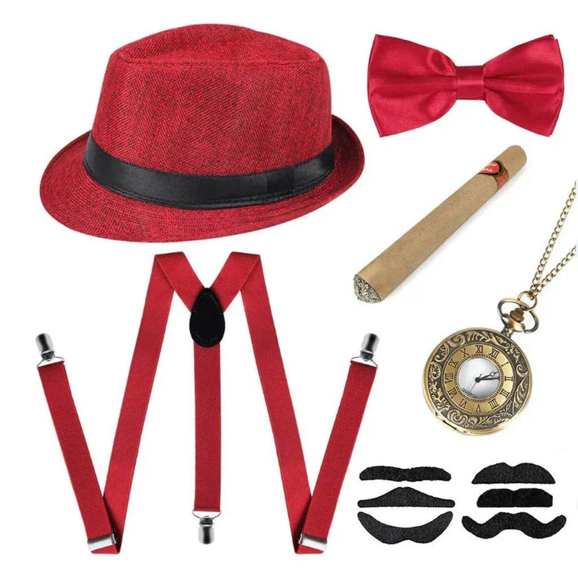 Party Men's Top Hat Pipe Pocket Watch Strap Tie Fake Cigar Set