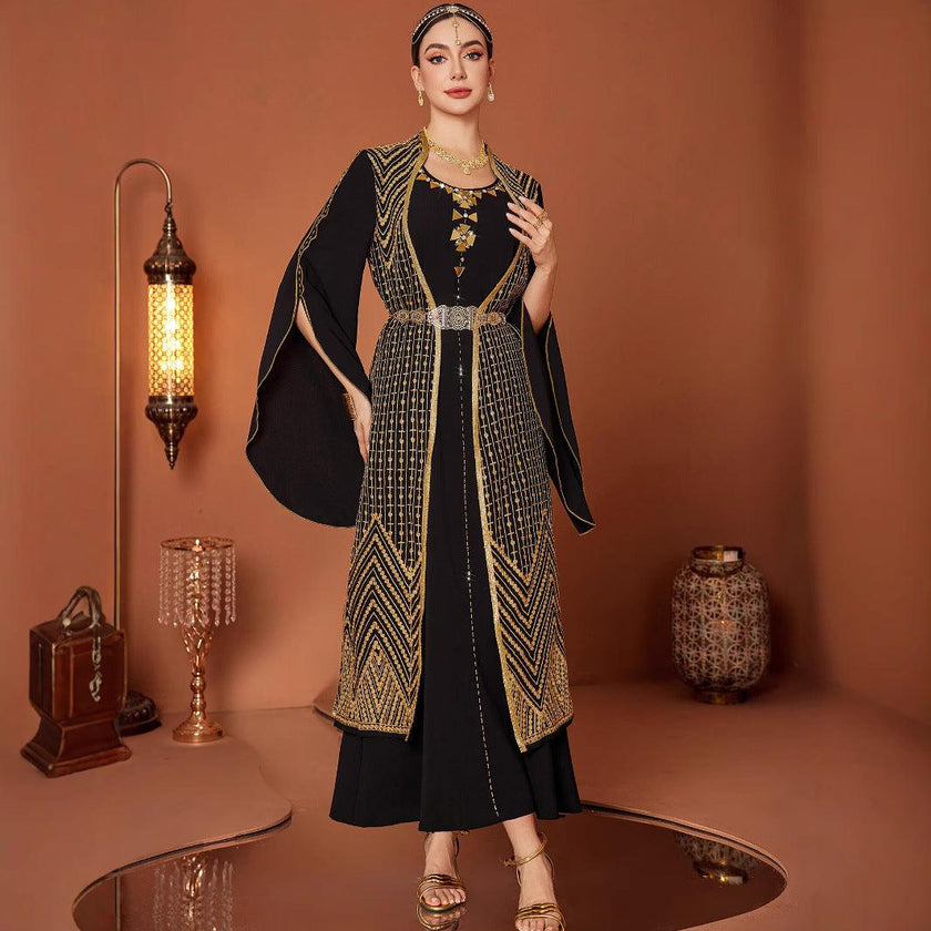 Arabic Vintage Gold Embroidered Black Fake Two Pieces Robe