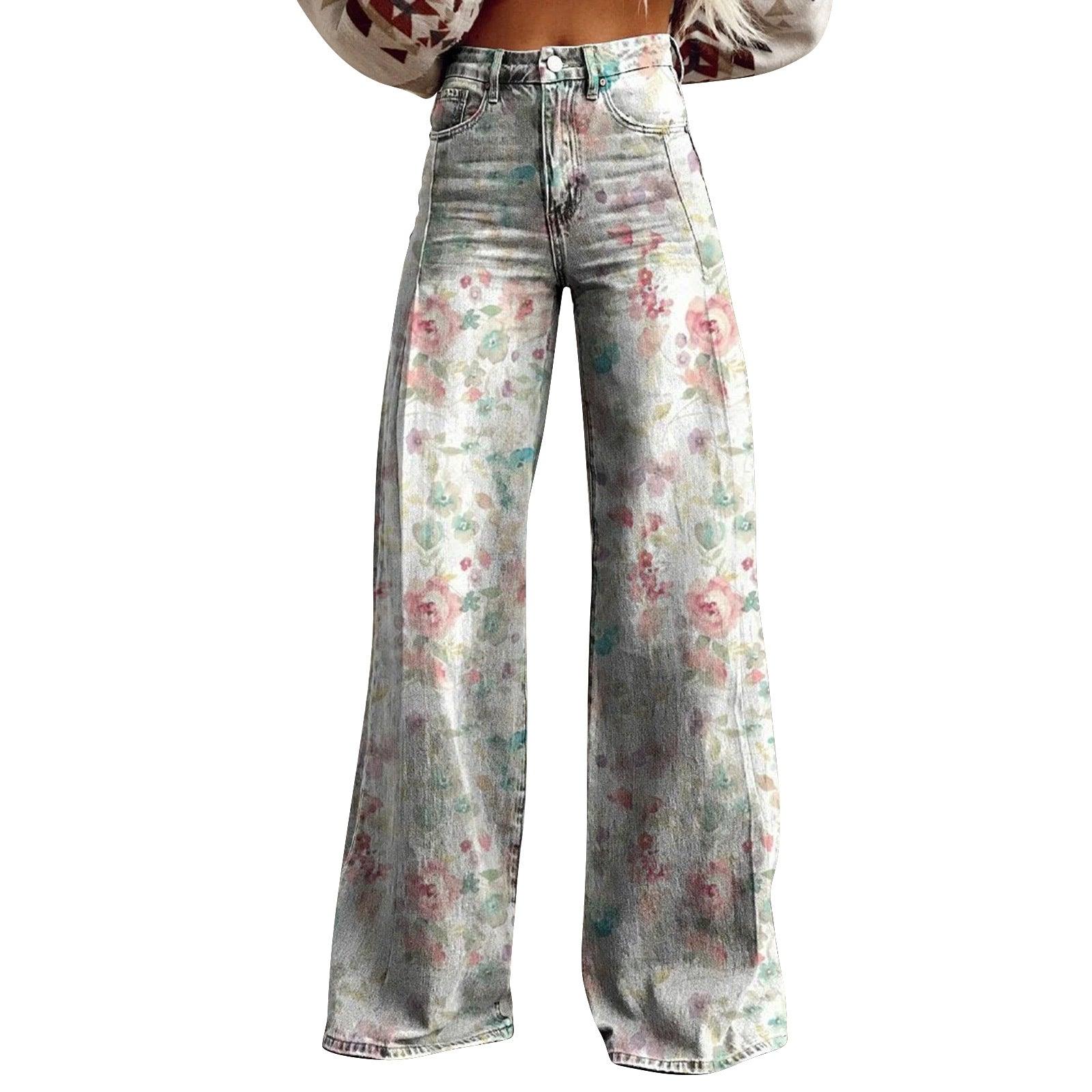 Women's 3D Printed Flared Denim Jeans – Graphic Print Wide Leg Jeans