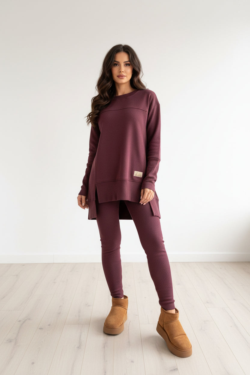 Women's Slit Long Sleeve Top & Trousers Two-Piece Set | White, Black, Army Green, Reddish Brown | S–XXXL