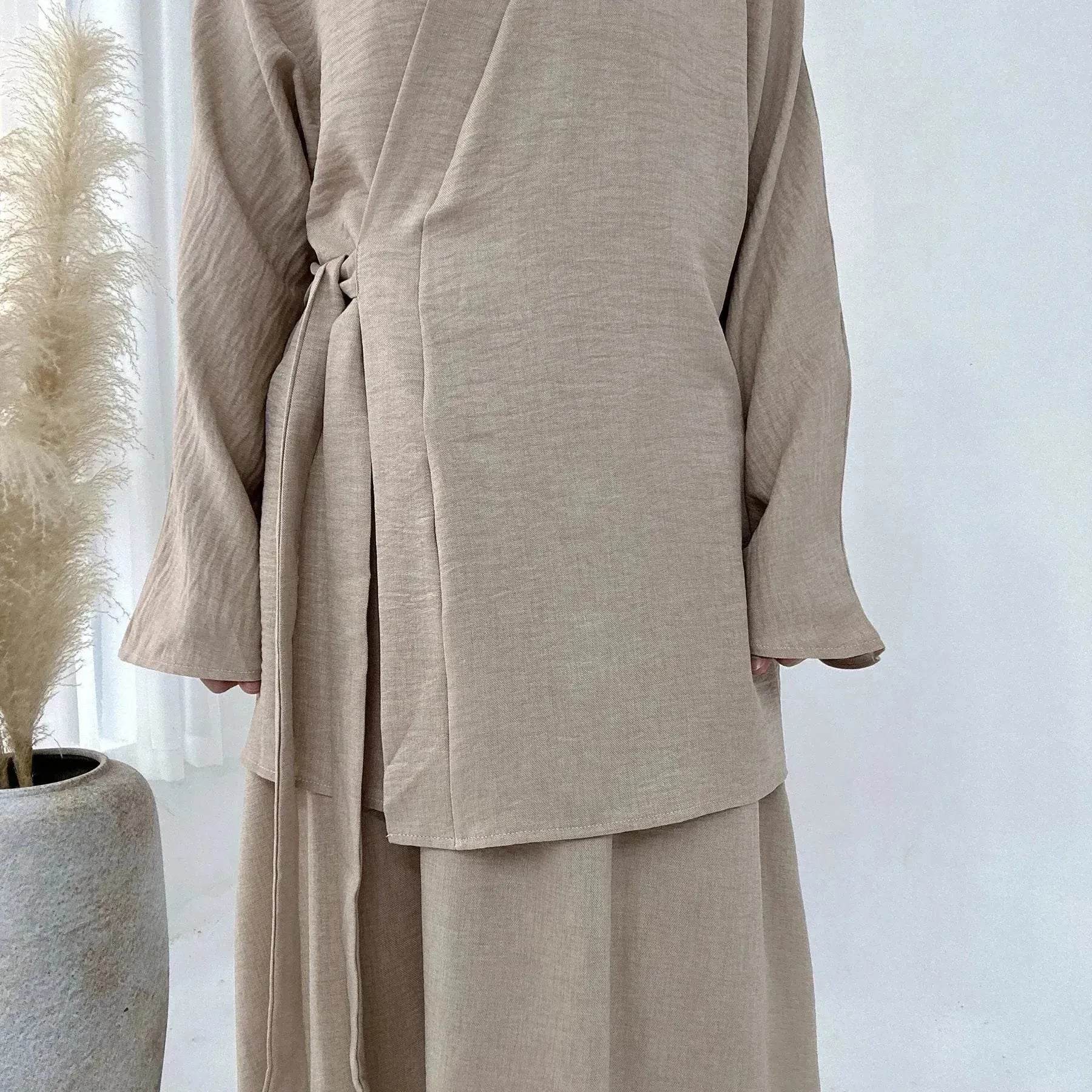 Plain Color Casual Lace Up Middle East Dubai Top And Skirt Suit Eid Abaya Jilbab Hijab Abaya for ArabWomen