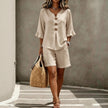 Women's Two-Piece Shorts Suit – V-Neck Ruffle Top & Short Pant Set