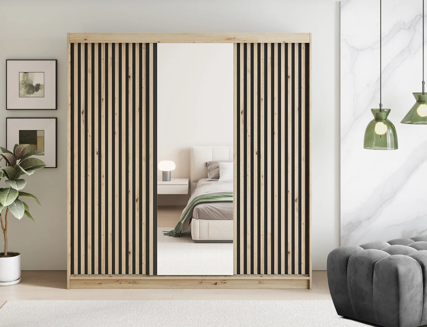 Emerio Mirrored 3 Sliding Door Freestanding Wardrobe - Maple Oak