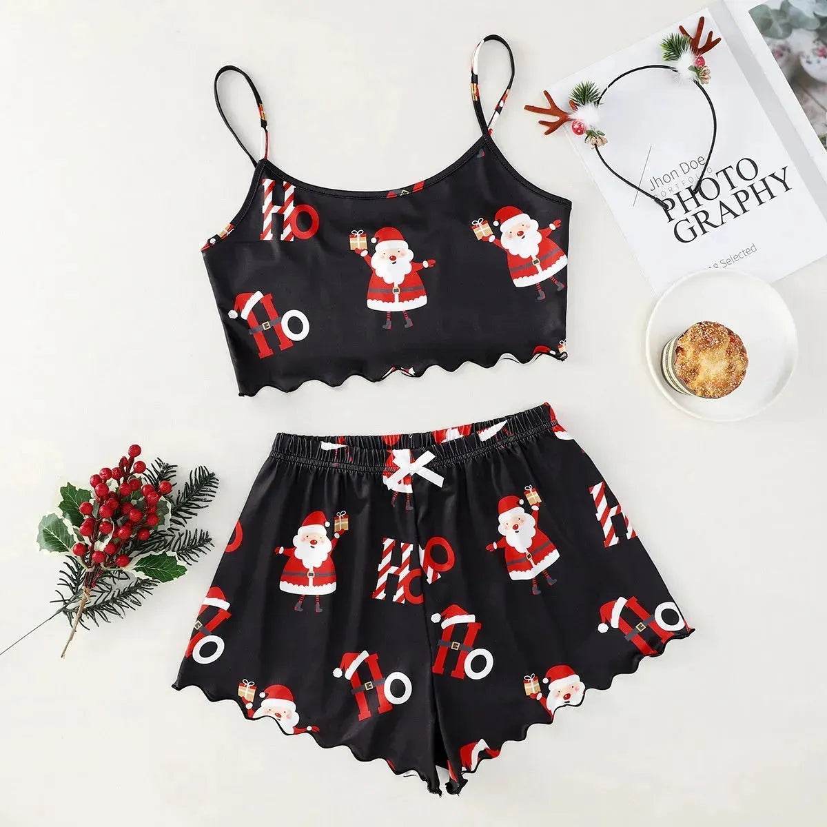 Christmas European And American Thin Pajamas Women's Sleeveless Shorts Milk Silk Simple Casual Two-piece Suit Homewear