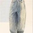 Washed Distressed Casual Loose Wide-leg Baggy Jeans Pant Splash-ink Design Slimming Unisex Style Mop Pants Men And Women