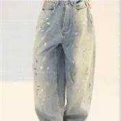 Washed Distressed Casual Loose Wide-leg Baggy Jeans Pant Splash-ink Design Slimming Unisex Style Mop Pants Men And Women