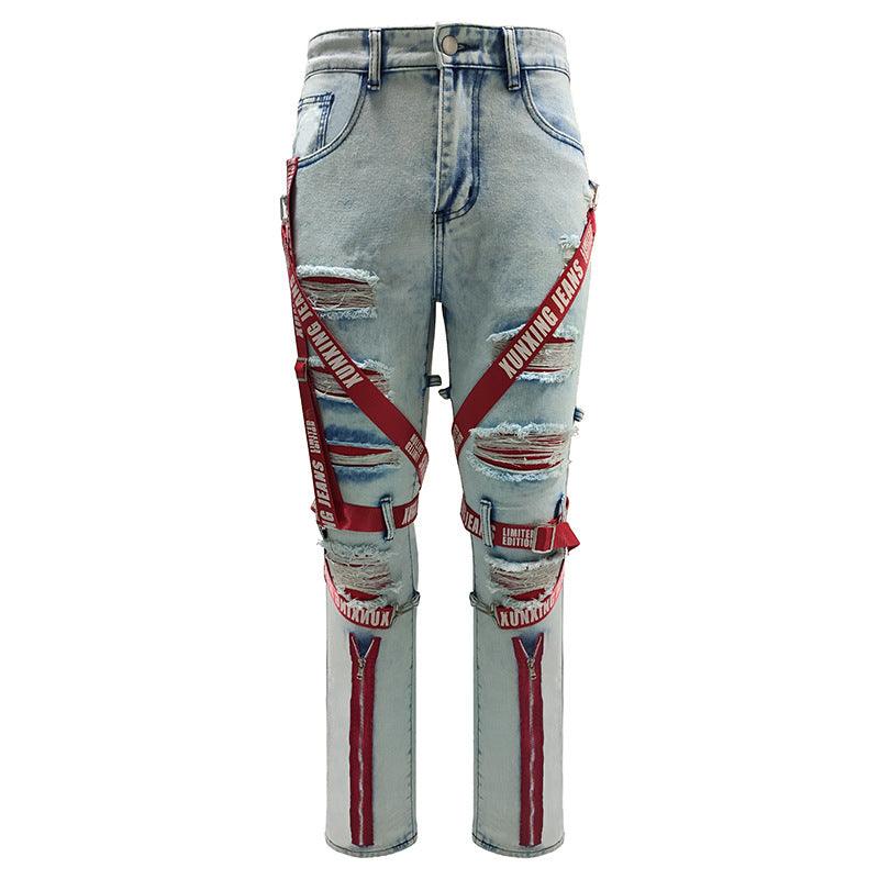 Men's Ripped Patchwork Biker Jeans – Slim Fit Distressed Denim Streetwear Pants