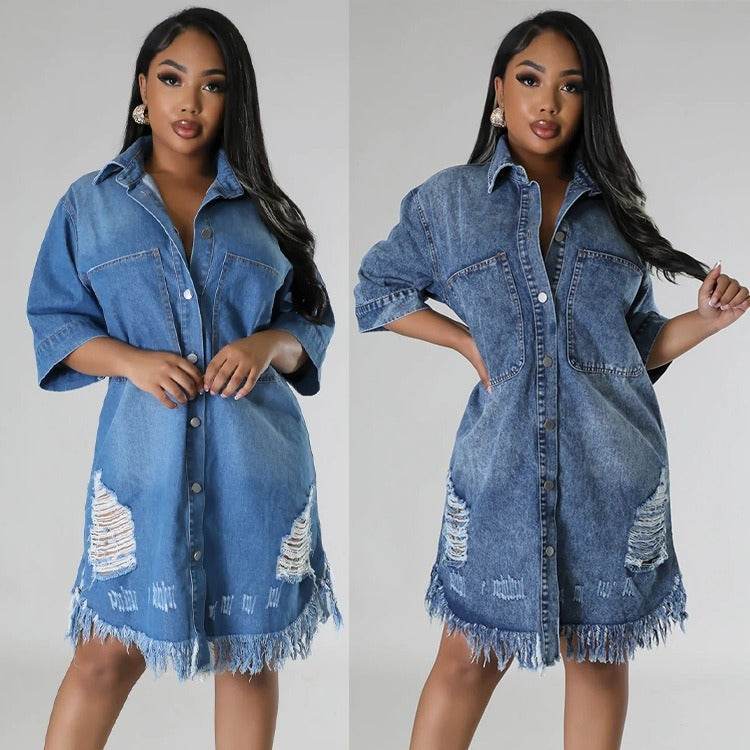 Women's Fashion 3/4 sleeve Mid Length loose Denim Jeans Dress