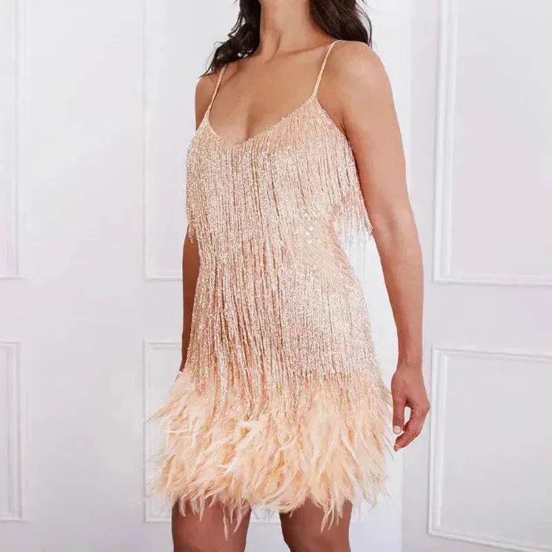 Elegant Chic Spaghetti Strap Luxury Tassel Sequins Feather Women’s Mini Dress for Evening Party, Cocktail Wedding Guest.