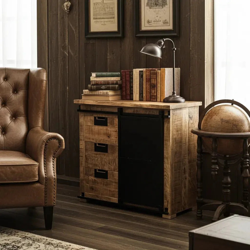 Meuble Commode Raven en bois de manguier porte coulissante en acier noir