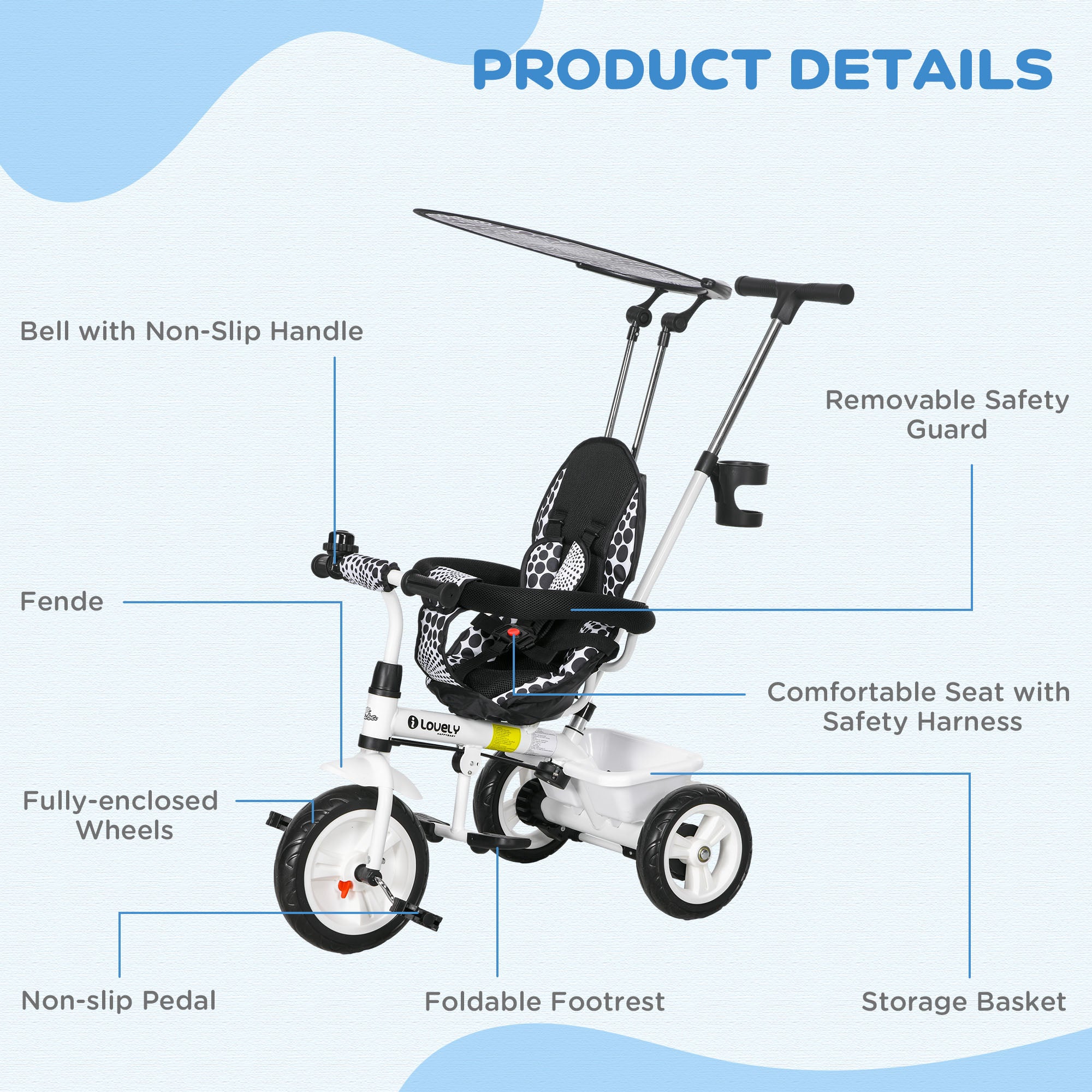 Qaba 4-in-1 Convertible Kids Tricycle with Removable Handlebar and Canopy White