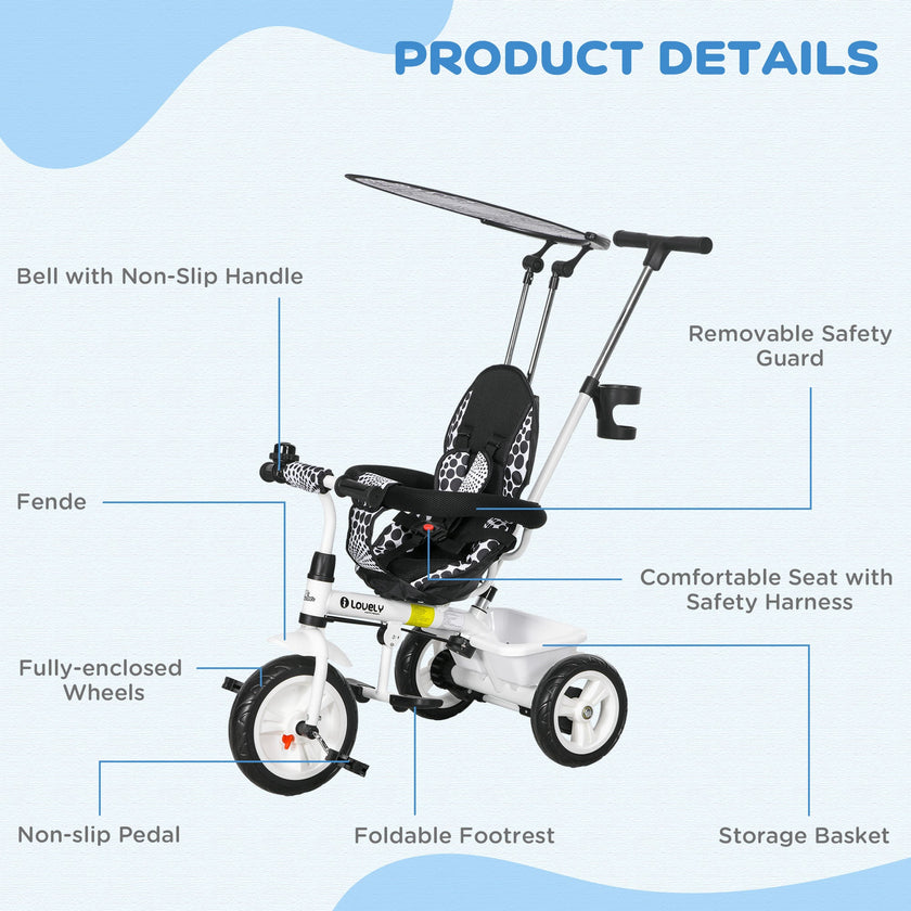 Qaba 4-in-1 Convertible Kids Tricycle with Removable Handlebar and Canopy White