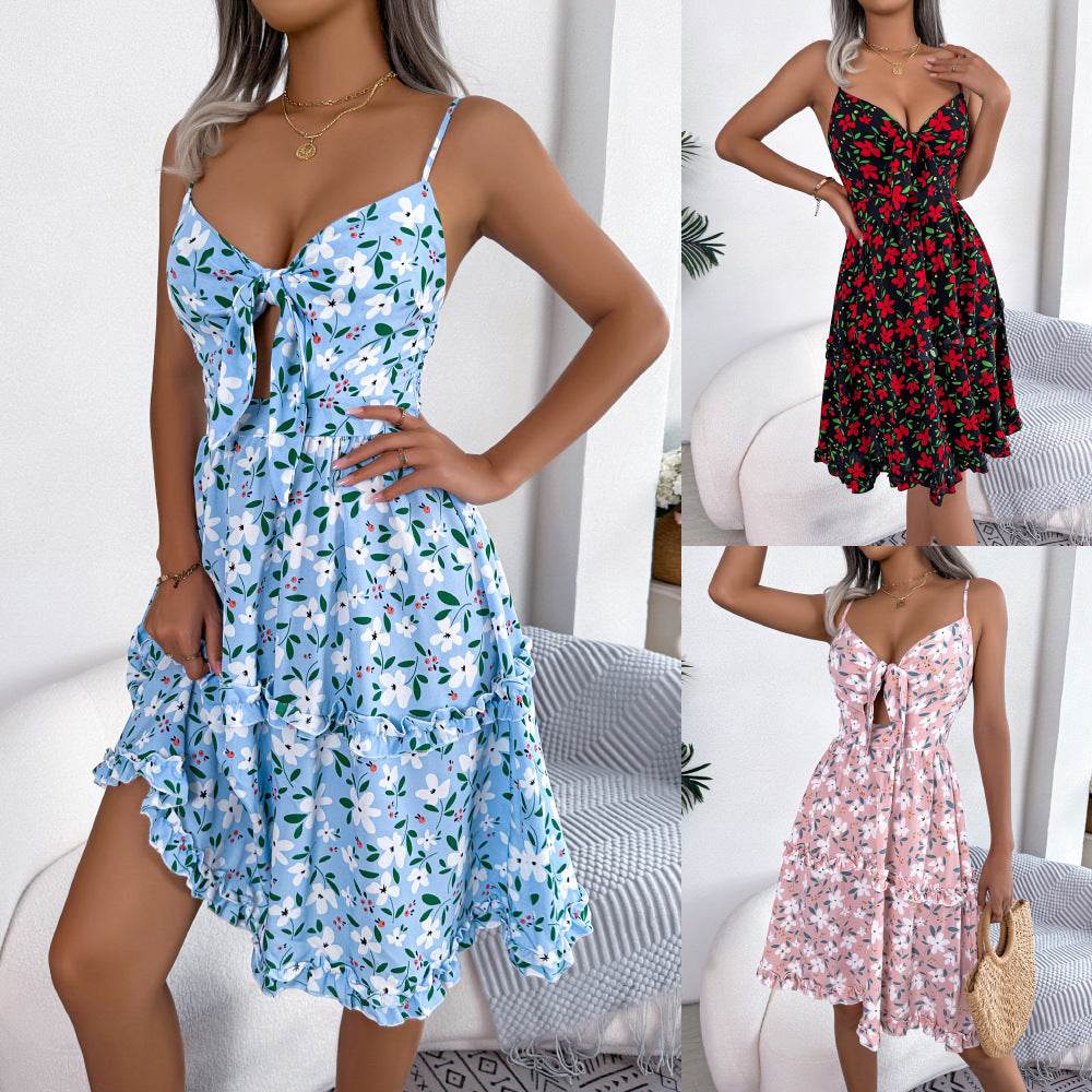 Spring And Summer Leisure Floral Spaghetti floral Midi Dress