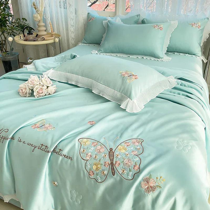 Korean Ice Silk Summer Quilt Four-piece Set Embroidery Lace Air Conditioning Cool Feeling Thin Duvet
