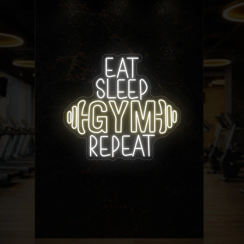 EAT SLEEP GYM REPEAT with dumbbell Neon Sign