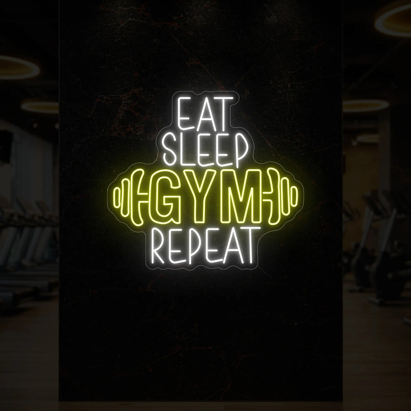 EAT SLEEP GYM REPEAT with dumbbell Neon Sign
