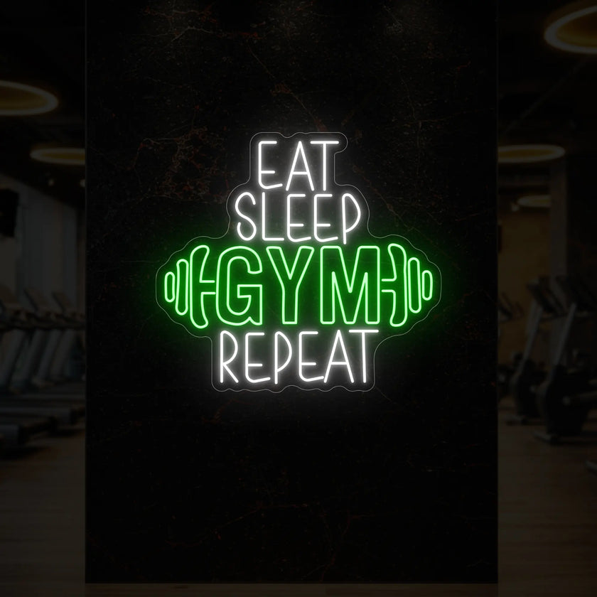 EAT SLEEP GYM REPEAT with dumbbell Neon Sign