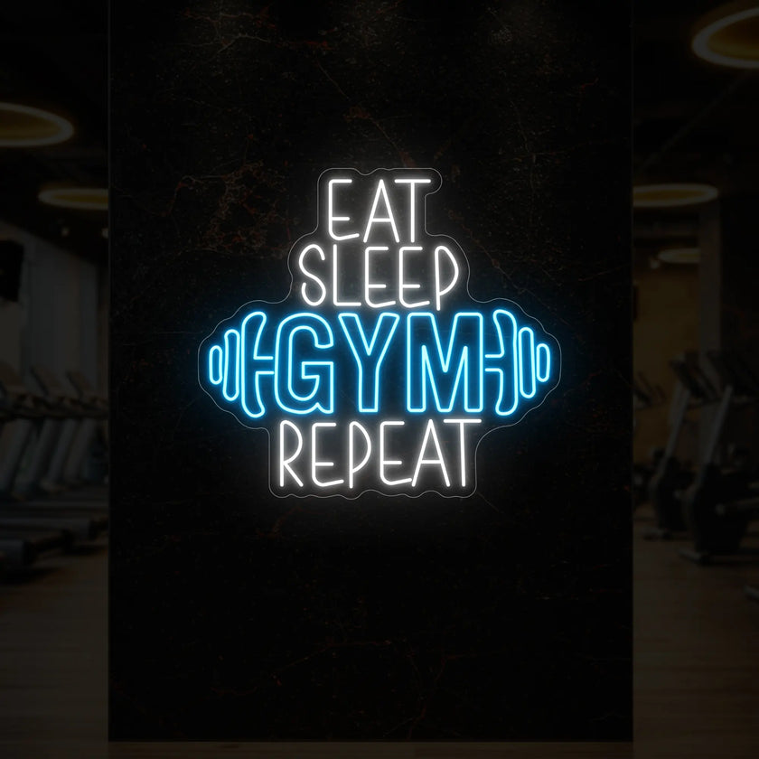 EAT SLEEP GYM REPEAT with dumbbell Neon Sign