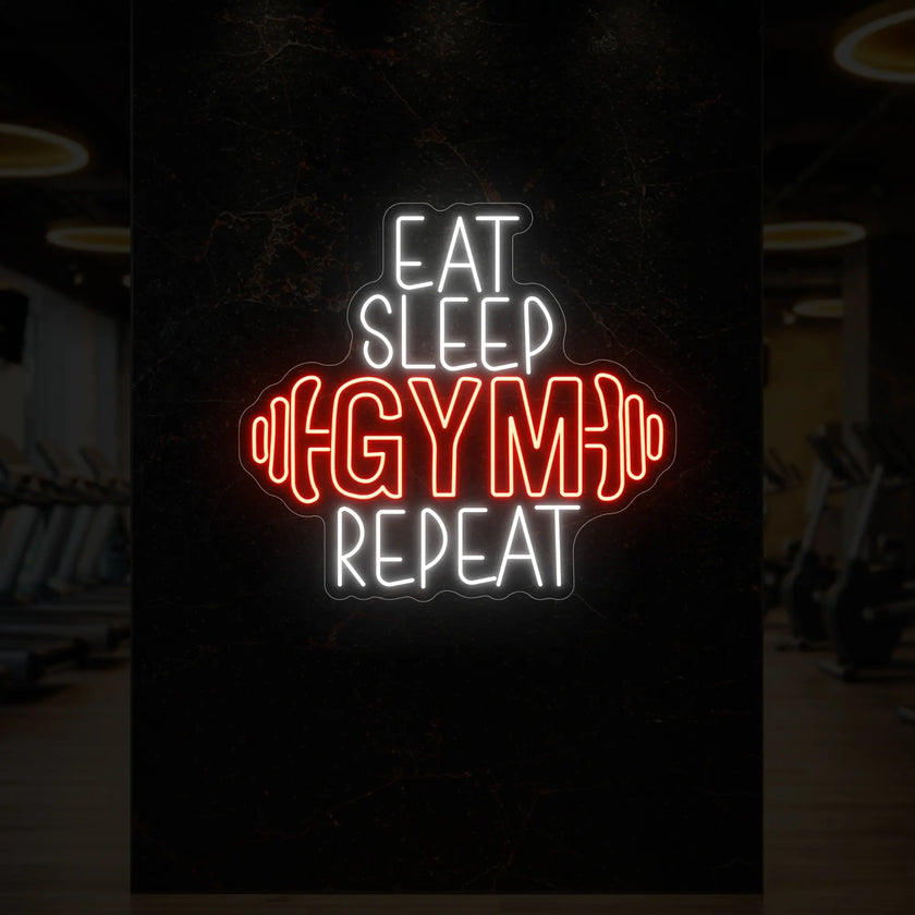 EAT SLEEP GYM REPEAT with dumbbell Neon Sign