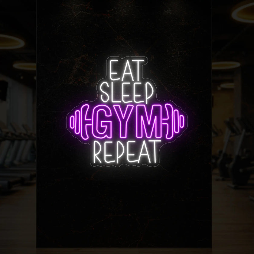 EAT SLEEP GYM REPEAT with dumbbell Neon Sign