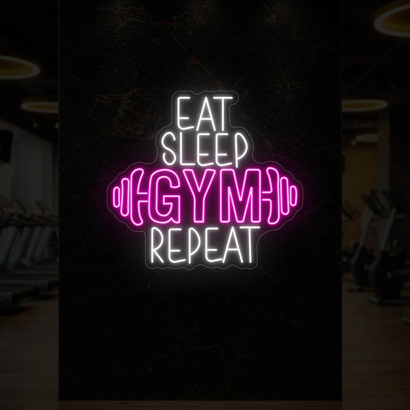 EAT SLEEP GYM REPEAT with dumbbell Neon Sign