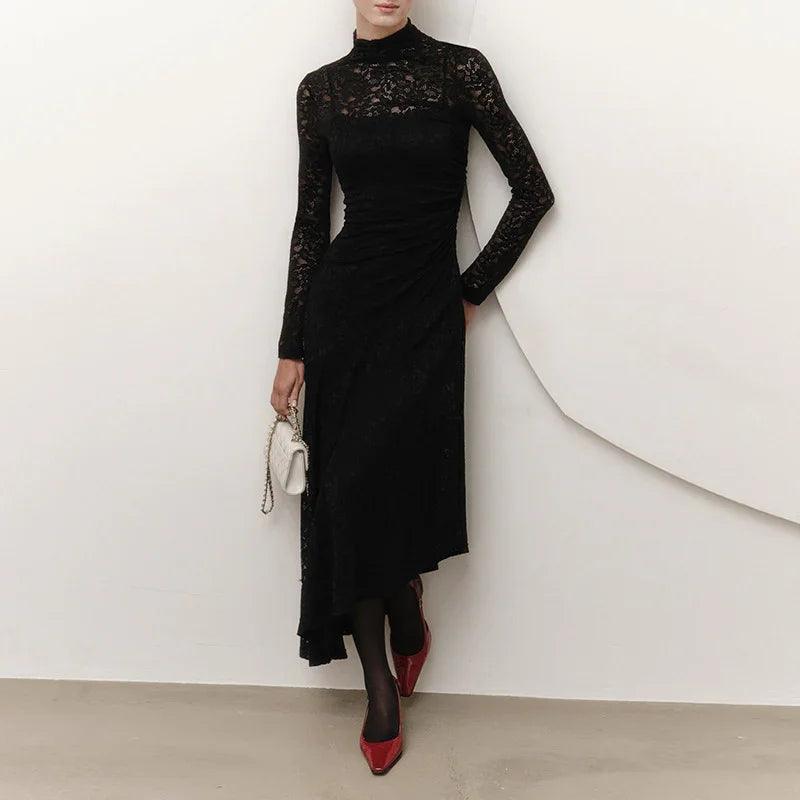Black Lace Dress – High Waist Floral Crochet Elegant Women’s Dress