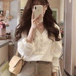 Women's V-Neck Crochet Linen Blouse – Long Sleeve Loose Boho Top