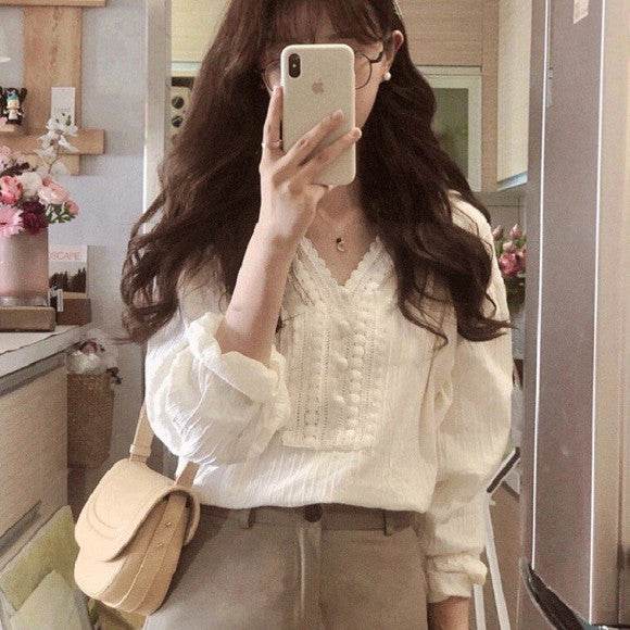 Women's V-Neck Crochet Linen Blouse – Long Sleeve Loose Boho Top