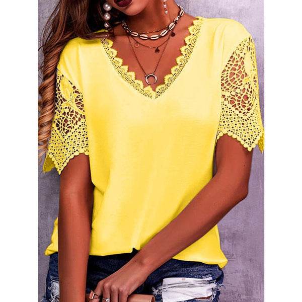 Summer Lace Tops Loose V Neck Short Sleeve Casual top