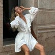 Casual Fashion V Neck Pleated Ruffle Long Sleeve Dress Y2K V Neck Flared Sleeve Short Mini Skater Dress Women's Clothing