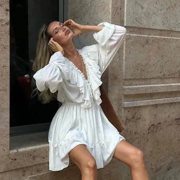 Casual Fashion V Neck Pleated Ruffle Long Sleeve Dress Y2K V Neck Flared Sleeve Short Mini Skater Dress Women's Clothing