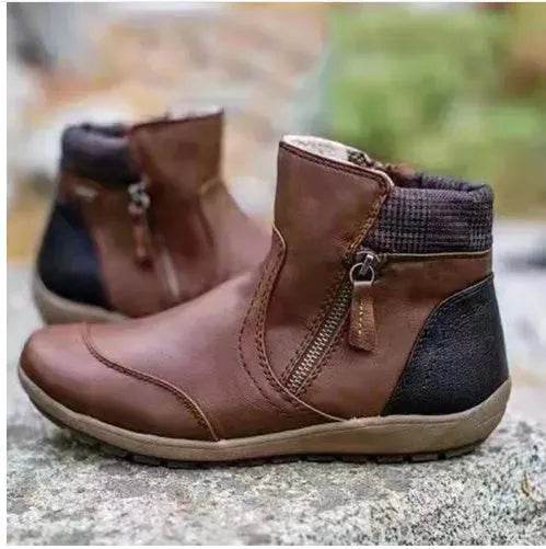 Winter Leather Stitching Flat Bottom Martin Boots With Zipper Plus Size