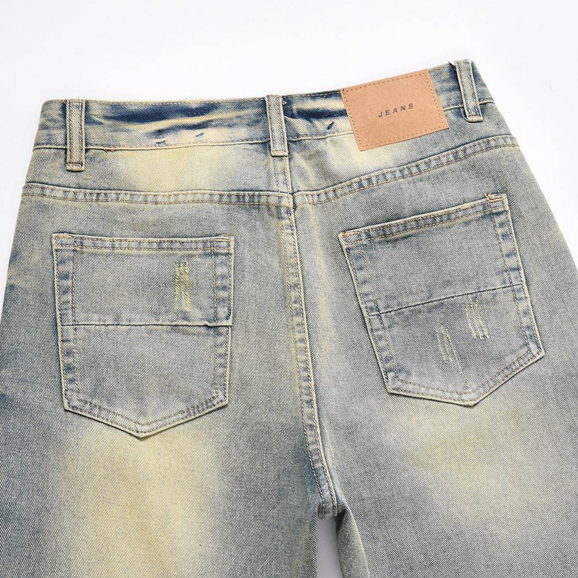 Distressed Scratches Denim Straight-leg Pants Men Jeans