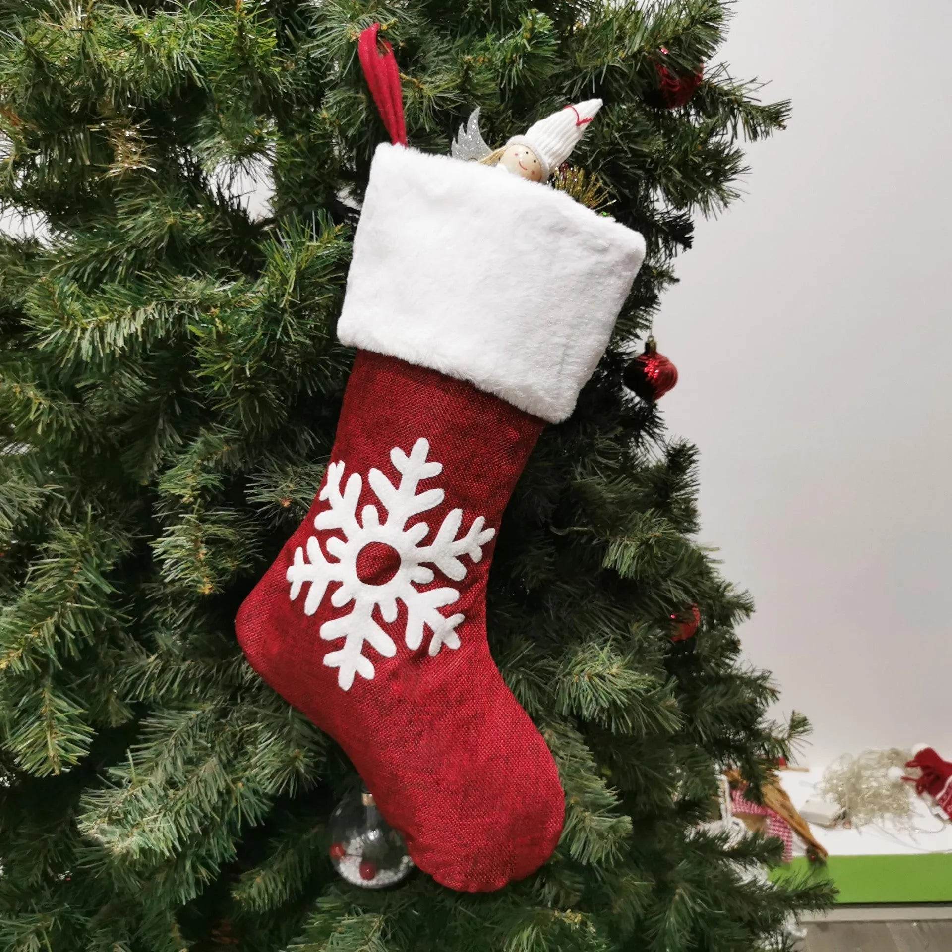 Christmas Stockings Gift Bag Red Hemp Elk Embroidery Christmas Stockings Gift Pendant